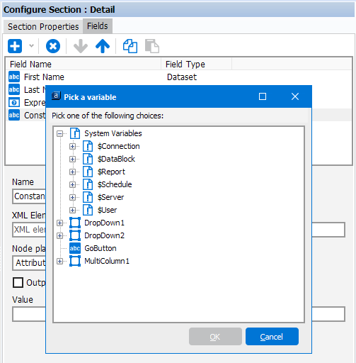 This image shows the Fields tab selected along with the Pick a variable dialog box.  The list of System and Argos variables is displayed within this dialog box.